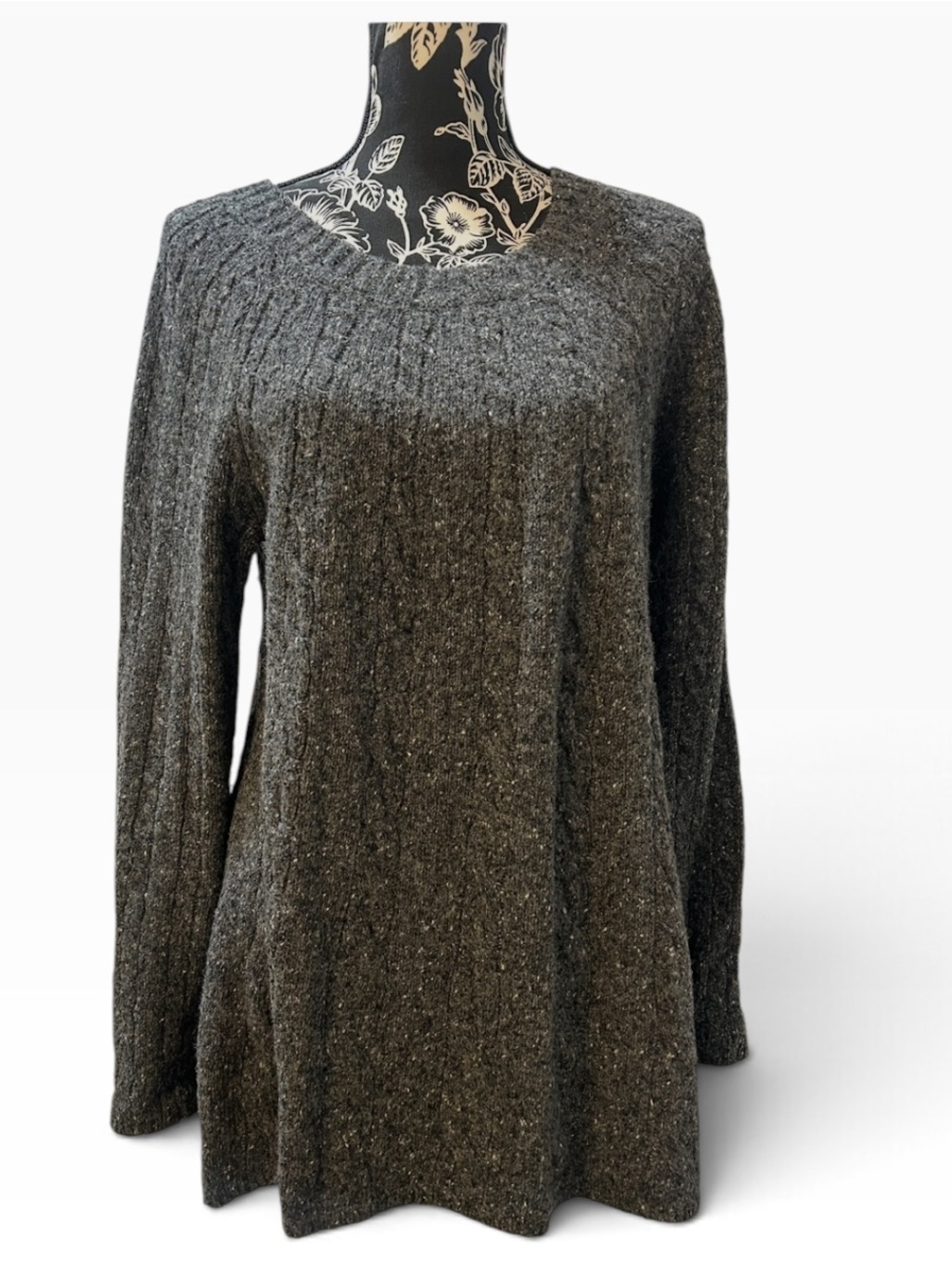 J. Jill A-Line Cable Knit Wool Long Tunic Sweater Dark Heather Gray Women Large
